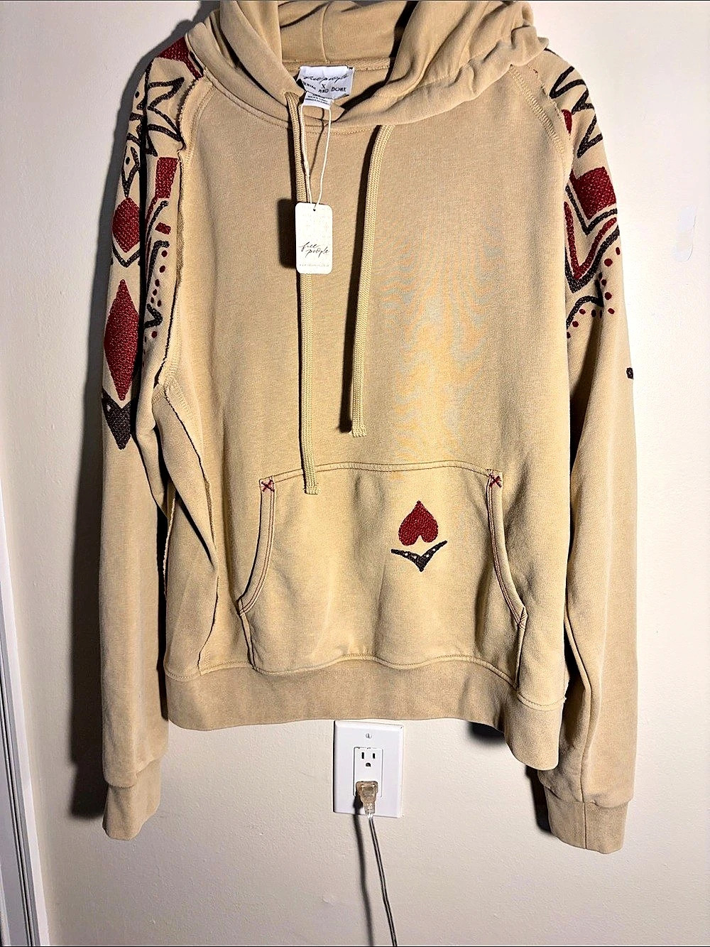 Free People Playing Card Hoodie Geometric Hoodie in Cream & Red Size Medium NWT